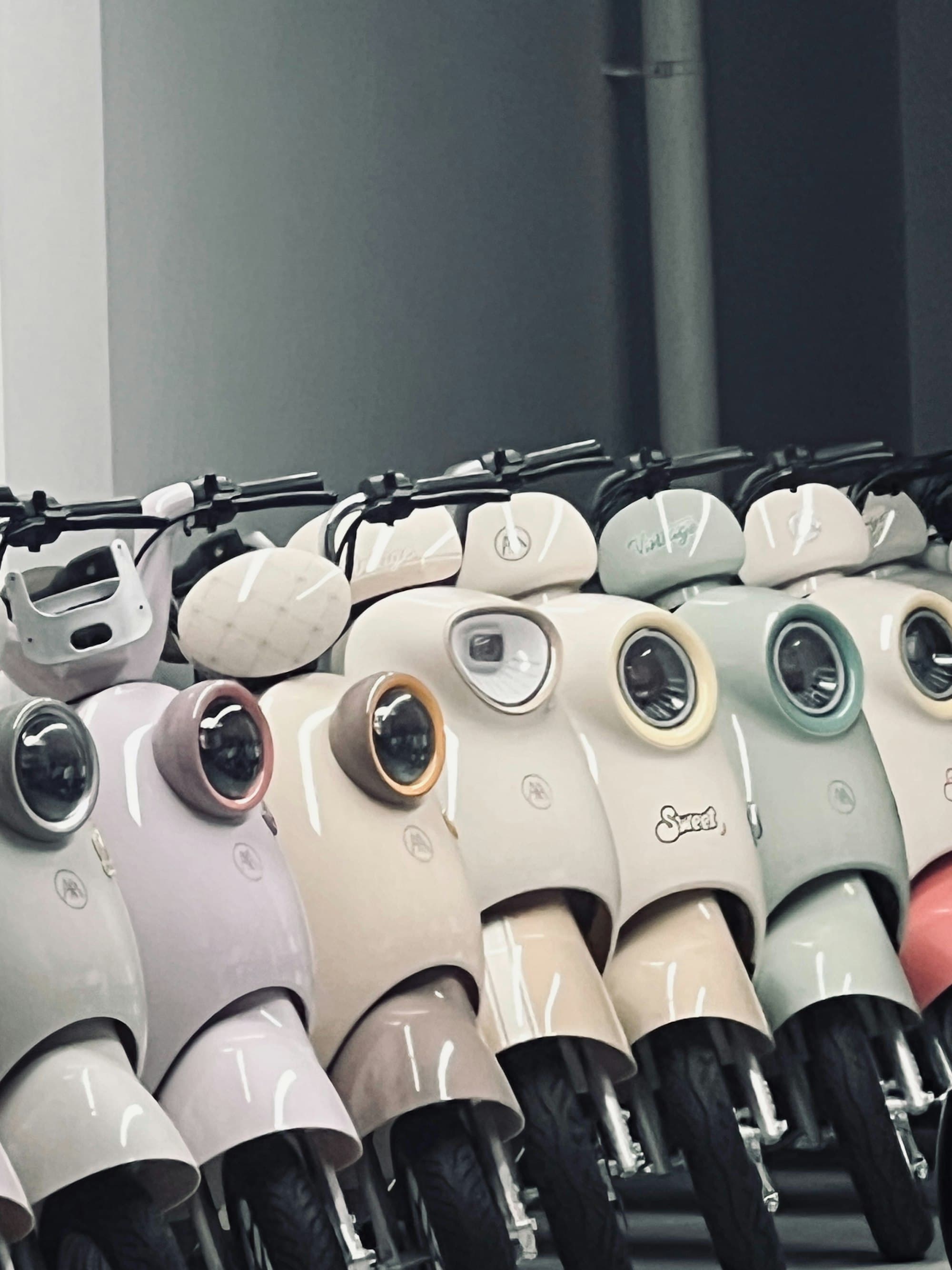 Finished scooters lined up in a row